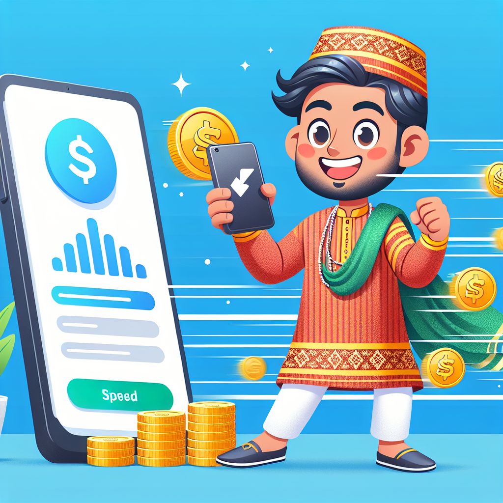 TK22 themed cartoon character holding a smartphone with app interface and coins