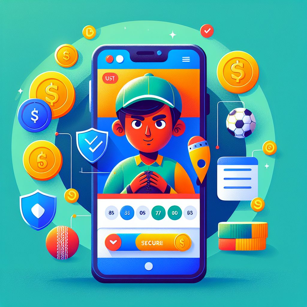 TK22 themed cartoon bettor with a phone, sports icons, and coins