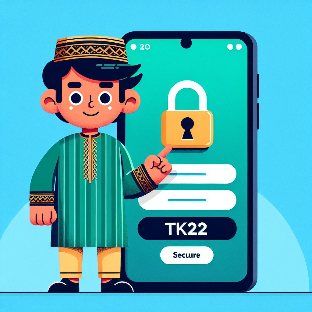 Cartoon character holding a phone with a secure login screen and TK22 themed elements